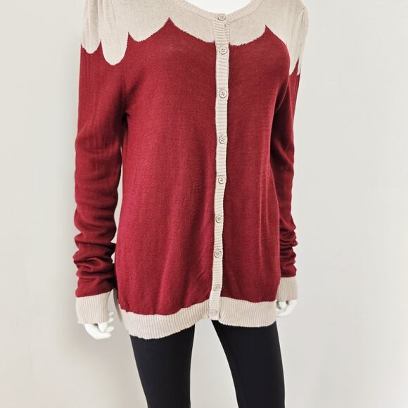 Modcloth Cardigan Sweater Size XL Paris Cafe Button Front Retro Scalloped Rust - Picture 4 of 10